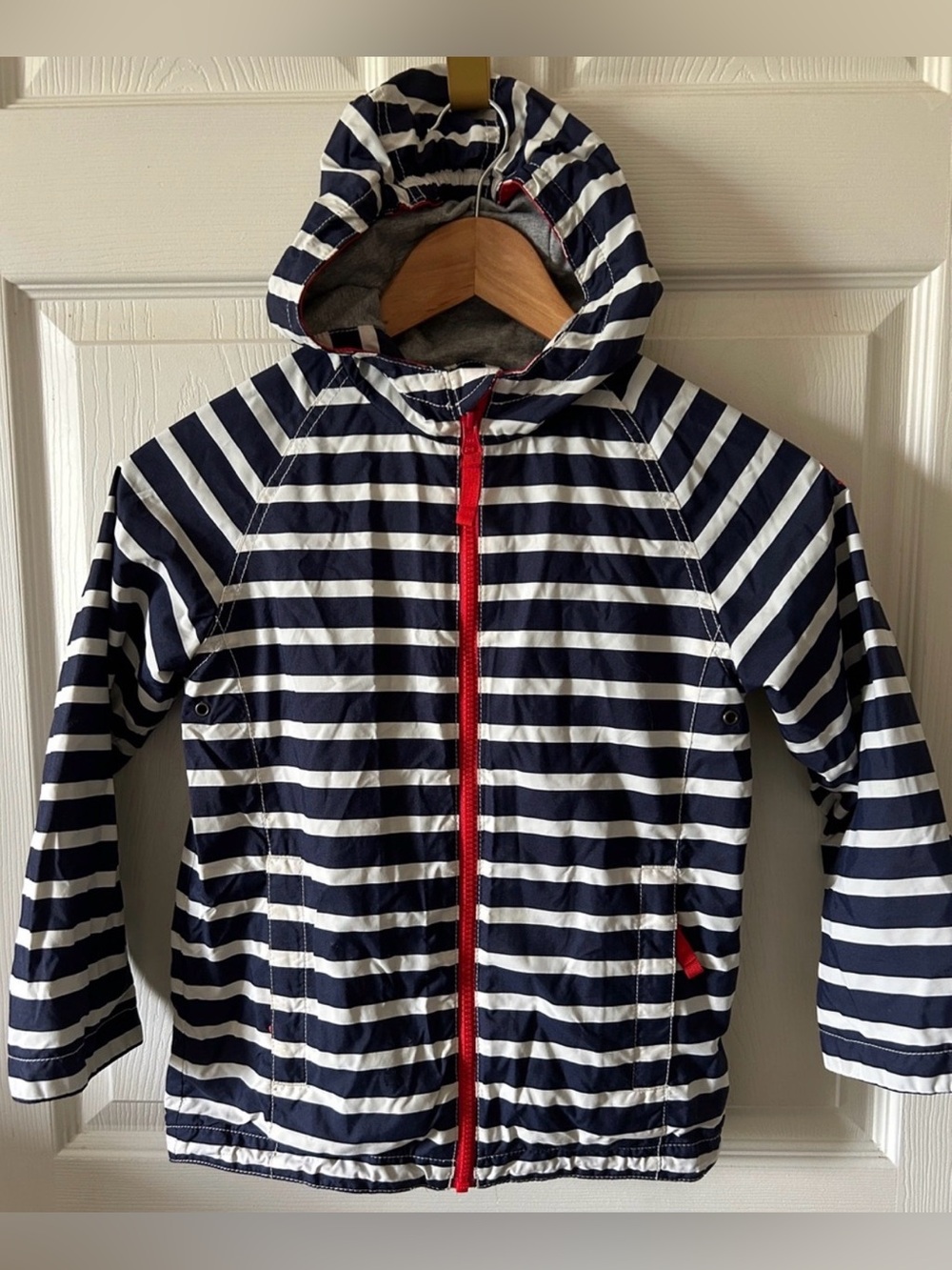Mini Boden Fall Navy & White Stripe Full Zip Nautical Preppy Rain Jacket Sz 6-7